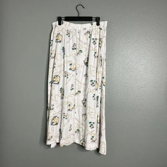 Vintage Full Button Midi Skirt Tropical Map Ocean Voyage Print w/ Pockets L - Picture 7 of 7